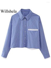 Women's Blouses Women Fashion With Pocket Blue Striped Single Breasted Blouse Vintage Lapel Neck Long Sleeves Female Chic Shirts