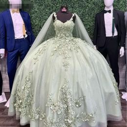 Sukienki Quinceanera 2024 jasnoszary paski spaghetti 3D kwiatowy koronkowy aplikacja łuk Kuche pociąg Sweet 16 urodzin PROM BAL BAL