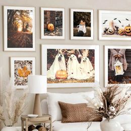 Wallpapers Halloween pumpkin autumn forest maple leaf wall art canvas Nordic posters and prints living room decoration pictures J240505