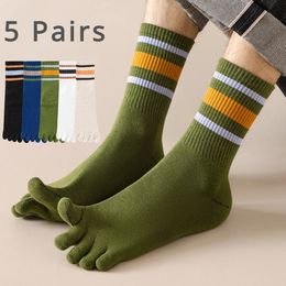 5 Pairs Men Five Toe Socks with Separate Fingers Mid Tube Finger Striped Cotton Sports Summer High Quality 240428