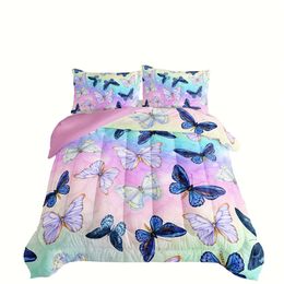 Duvet Cover 3pcs Modern Fashion Polyester Set (1*Comforter + 2*Pillowcase, Without Core), Watercolor Tie-dye Aesthetic Butterfly Print Bedding Set, Soft Comfortable And