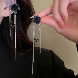 Hoop Earrings Korean Earings Fashion Jewelr Retro Black Rhinestone Rose Long Tassel For Women Pendientes Wholesale