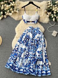 Work Dresses Women Elegant Print Two Piece Sets Summer Sexy V-neck Tank Tops And High Waisted A-line Long Skirt Vintage Suits Female Outfits