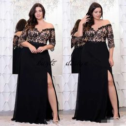 Abiti sexy serate nere maniche nere mezza 1/2 fessura laterale dalla lunghezza del pavimento della spalla Applique Applique OCN Wear Gown