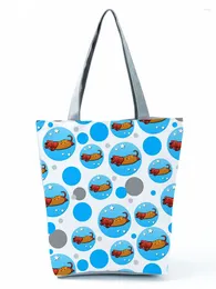 Shoulder Bags Cartoon Cute Dachshund Printed Handbag Blue Dot Women High Capacity Travel Bag Animal Shopping Reusable Grocery