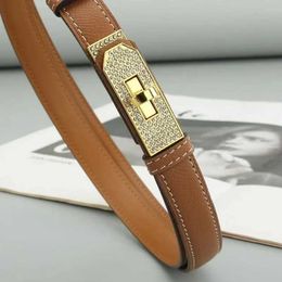 Belts 2024 New Design Women High Quty Genuine Leather 1.8cm Wide Diamond Golden and Silver Lock Buckle Dress Jeans Trench Waistband T240429