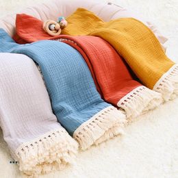 Blankets Happyflute 2Layers Skin-friendly Muslin Swaddle Cotton Solid Colour Fringe Lace 2 Baby Blanket