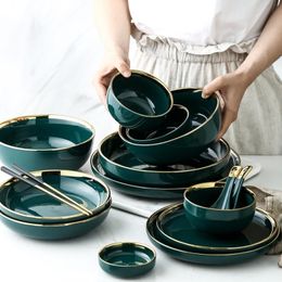 Dishes & Plates Ableware Bowl Dinner Dish Green Ceramic And Sets Gold Inlay Plate Steak THigh Porcelain Dinnerware Set 299u