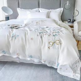 Set 2023 Luxury 120 Thread Count Cotton Duvet Cover 4 Pcs Set Butterfly Embroidery Quilt Cover Naked Sleeping Flat Sheet Pillowcase Sheer Curtains