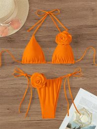 Women's Swimwear Orange Flowers Bikini String Sexy Triangle Swimsuit Y2K Floral Thong Two-Piece Women Brazil Beach Vacation Bathing Suit