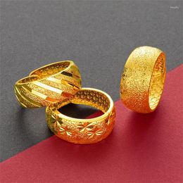 Cluster Rings Vintage 24K Gold Plated Wide For Men Dubai Style Glossy/Matte/Brushed Face Simple Open Ring Fashion Jewellery Gift