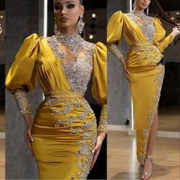 Dresses Evening Long 2021 Sleeves High Neck Lace Applique Beaded Crystals Side Slit Mermaid Ankle Length Elastic Satin Prom Party Gowns
