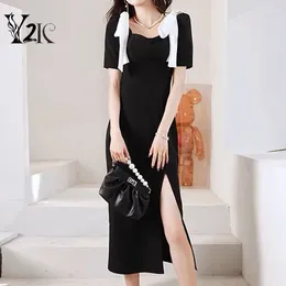 Party Dresses Y2K Clothes Fashion Korean Chic Black Bow Elegant Midi For Women Summer Short Sleeve Evening Dress Ladies