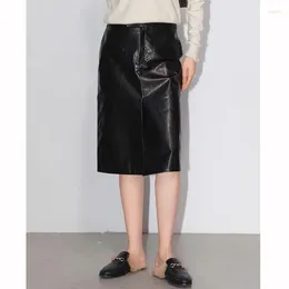 Skirts Retro Genuine Leather Office Lady For Women Cowhide Straight Wrap Long Faldas Mujer Mid Length Pocket Knee-Length