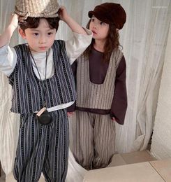 Clothing Sets 2024 Girls Boys 2 Pcs Set Striped Vest Long Pants Summer Cotton Fashion Kids Suits 1-7 Years WW455