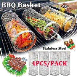 Accessories Rolling Bbq Basket Greatest Grilling Basket Ever, Round Stainless Steel Grill Mesh, Camping Barbecue Rack For Vegetables,Fish