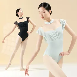 Stage Wear Women Ballet Leotards Trumpet Sleeve Dance Leotard Stand Collar Pleated Mesh Splice Gymnastics Bodysuit