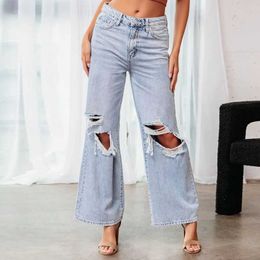 Women's Pants Capris 2023 Fall High Waist Ripped Straight Womens Jeans Strtwear New Blue Denim Women Casual Trousers Fashion Wide Leg Baggy Pants Y240504