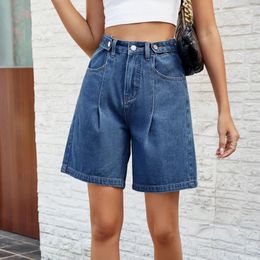 Women's Shorts Korean Style Classic Denim Comfortable Soft Adjustable Quarter Blue High Waisted Wide Leg Pants 2024