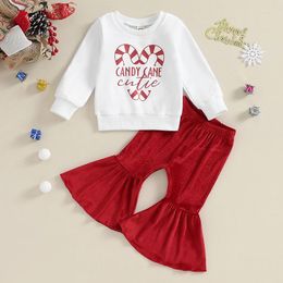 Clothing Sets Suefunskry Kids Girls Christmas 2Pcs Outfits Letter Heart Print Long Sleeve Sweatshirt Pullover And Flare Pants Set Cute