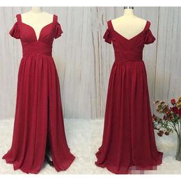 Bridesmaid Chiffon Dresses Red Dark A Line Straps Side Slit Floor Length Short Sleeves Maid Of Honor Gown Beach Wedding Guest Party Wear