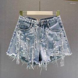 Women's Jeans Denim Shorts Women's Summer Wear High Waist Nail Bead Sequin Tassels Torn Copper Cotton TASSEL Wide Leg Pants