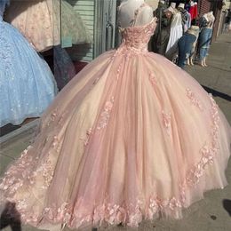 Quinceanera Applique Dresses Floral Pink 3D Light Handmade Flowers Badeed 스트랩 계층 얇은 명주 맞춤형 무도 16 생일 파티 가운