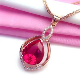 Chains Classic Shiny Plated 14K Rose Gold Inlaid Ruby Water Drop Necklace For Woman Luxury Wedding Jewellery Gift