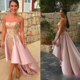 Pink High 2021 Homecoming Dresses Low Satin Gold Lace Applique broderi Custom Made Tail Party Gown Formal OCN Wear