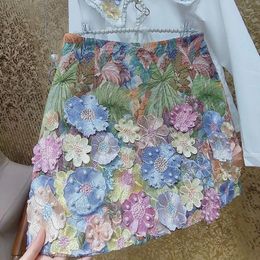 Skirts Luxury Beautiful Gorgeous 3D Colourful Large Flowers Embroidery Petal A-Line Skirt Faldas Pearls Beaded Rainbow Floral Dress