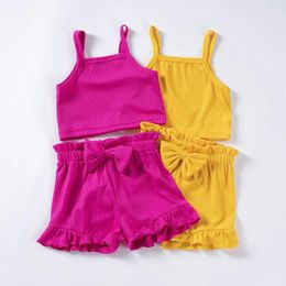 Clothing Sets Baby Girl Solid Colour Camisole Top Bow Decoration Elastic Waist Shorts 2 Piece Set Cute Casual Clothes 0-24M