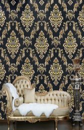 European 3D stereo Damascus deep embossed wallpaper black gold flower living room TV background wall el household wall decor5133832