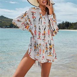 Women Beach Wear Summer New Style Beach Print Bikini Blouse Bohemian Top Wrapped Skirt Dear Beach Casual Party Dress Swimsuit Cover Up Cardigan Y240504