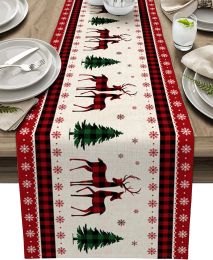 Pads Christmas Elk Xmas Tree Linen Table Runners Dresser Scarf for Kitchen Tabletop Decor Snowflakes Table Runners Navidad Decoration