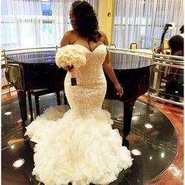 Size Mermaid Sweetheart Plus Dresses Neckline Lace Pearls Beaded Ruffles 2019 Custom Made Sweep Train Wedding Gown Vestido De Novia