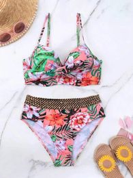 Women's Swimwear Floral Print Swimsuit 2024 High Waist Bandage Tankini Sexy Underwire V-neck Suspender Backless Summer Bathing Suit Y146