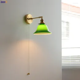 Wall Lamp IWHD Arm Adjustable Copper LED Light Sconce Pull Chain Switch Green Glass Bedroom Mirror Stair Nordic Modern Wandlamp