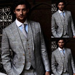 Retro Men's Wedding Tuxedos 3 Piece Plaid Peaked Lapel Single Breasted Blazer Groom Prom Party Birthday Customize Suits Pant+Coats+Vest