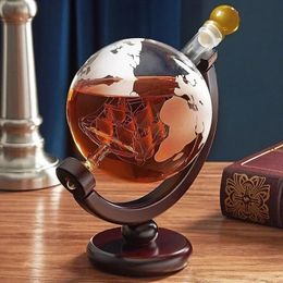 1L Creative Globe Decanter Set with Leadfree Carafe Exquisite Woodstand and 2 Whisky Glasses Whiskey 240429