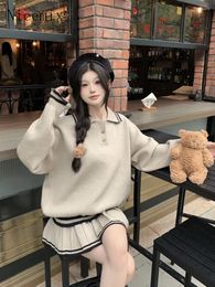 Work Dresses Korean Fashion Clothing Polo Neck Loose Fit Knit Sweater High Waist Pleated Skirt Short Skirts Suit Two Piece Set Women Outfits