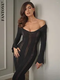 Casual Dresses Fantoye Knitted Sexy See Through Maxi Dress For Women Black Long Sleeve Off Shoulder Female Skinny Elegant Party Beachwear