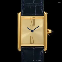 Wristwatches Gold Steel Case Sapphire Crystal Glass Mirror Cowhide Strap Quartz Watch 2024 Women's Fashion Luxury