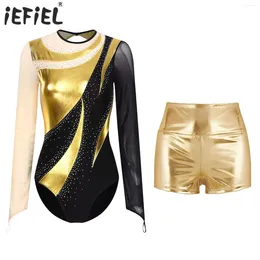 Stage Wear Womens Ballet Gymnastics Sets Sports Outfit Sheer Mesh Long Sleeve Leotard Cutout Back Rhinestones Bodysuit With Metallic Shorts