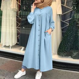 Ethnic Clothing Women's Muslim Abaya Robe Modest Long Sleeve Round Neck Single Breasted Dresses Kaftan Ramadan Casual Loose Dress