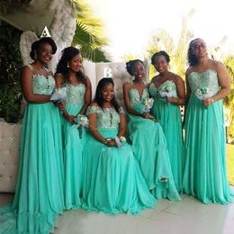 Chiffon 2021 Mint Green Boho Bridesmaid Dresses Spets Applique från axel ärmlös piga av hedersklänning plus storlek afrikansk bröllop