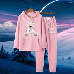 Women's Hoodies 2024 Bear Printed Winter Warm Tracksuits Pullover Active Sweatpants Sets Candy Colour Sweatshirts Sports Clothing