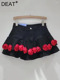 Skirts Women's Denim Skirt Double Layer Ruffle Edge Rose Flowers A-line High Waist Mini 2024 Spring Fashion 29L7237