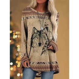 Women's T-Shirt Womens t-shirt wolf 3D printed t-shirt fashionable animal t-shirt casual long sleeved top vintage t-shirt loose t-shirt owlL2405