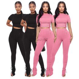 Women's Two Piece Pants Women's 24 Spring/Summer New Round Neck Short sleeved Screw Pull Pleated Split Casual Two Piece Set plus size Sexy Sets