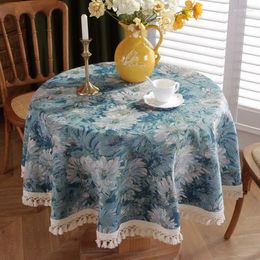 Table Cloth Vintage Terylene Yarn-dyed Jacquard Oil Painting Blue Daisies Cross Fringed Tablecloth Round For Kitchen Living Room Dust